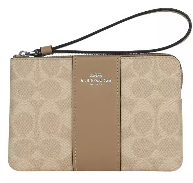 Coach Corner Zip Wristlet in Signature Canvas with Stripe — Sand/Taupe in Sand/Taupe — SAUCY STYLES, Basseterre St Kitts