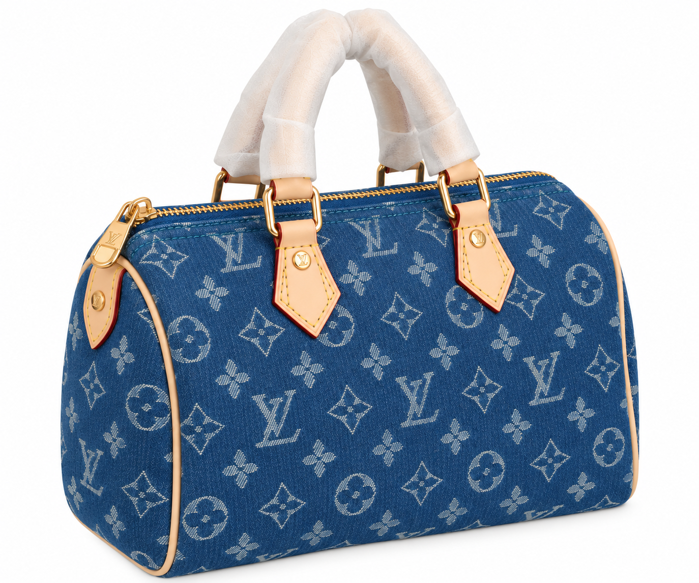 Angled view of the monogram denim Speedy 25 with rolled handles