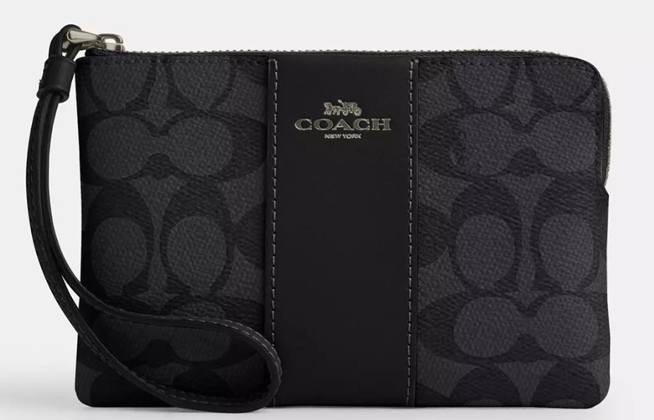 Coach Corner Zip Wristlet in Signature Canvas with Stripe — Charcoal/Black in Charcoal/Black — SAUCY STYLES, Basseterre St Kitts