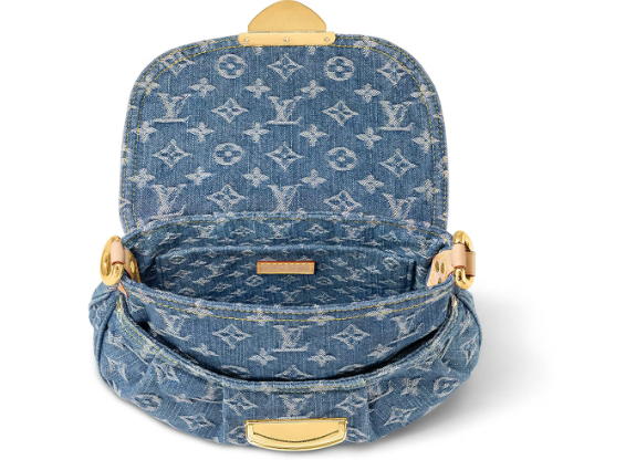 Louis Vuitton denim shoulder bag, open top view showing the lined interior