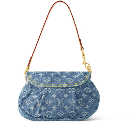 Louis Vuitton denim shoulder bag, front view with strap draped