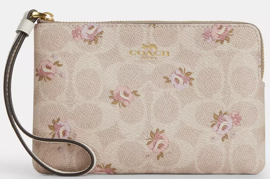 Coach Corner Zip Wristlet in Signature Canvas with Floral Print — Gold/Sand Multi in Gold/Sand Multi — SAUCY STYLES, Basseterre St Kitts