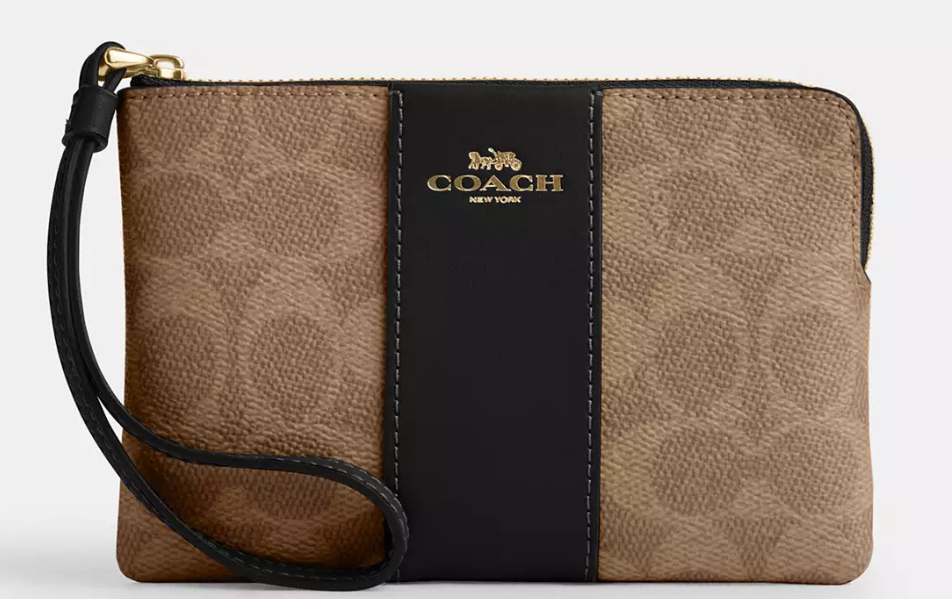 Coach Corner Zip Wristlet in Signature Canvas with Stripe — Tan/Black in Tan/Black — SAUCY STYLES, Basseterre St Kitts