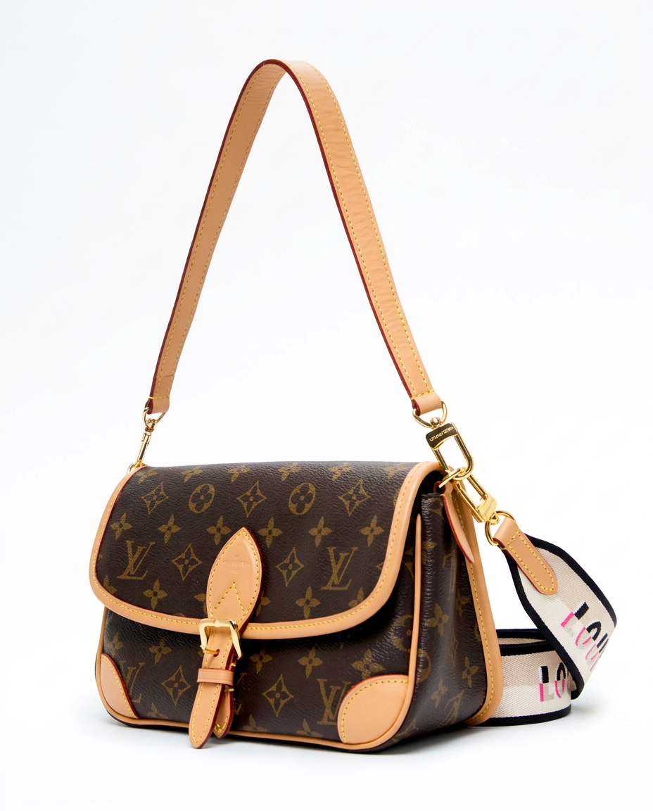 Louis Vuitton Diane monogram bag, angled view with leather shoulder strap