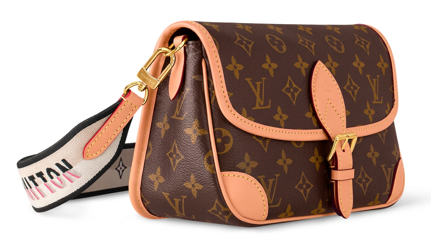 Louis Vuitton Diane monogram bag, side view with printed strap