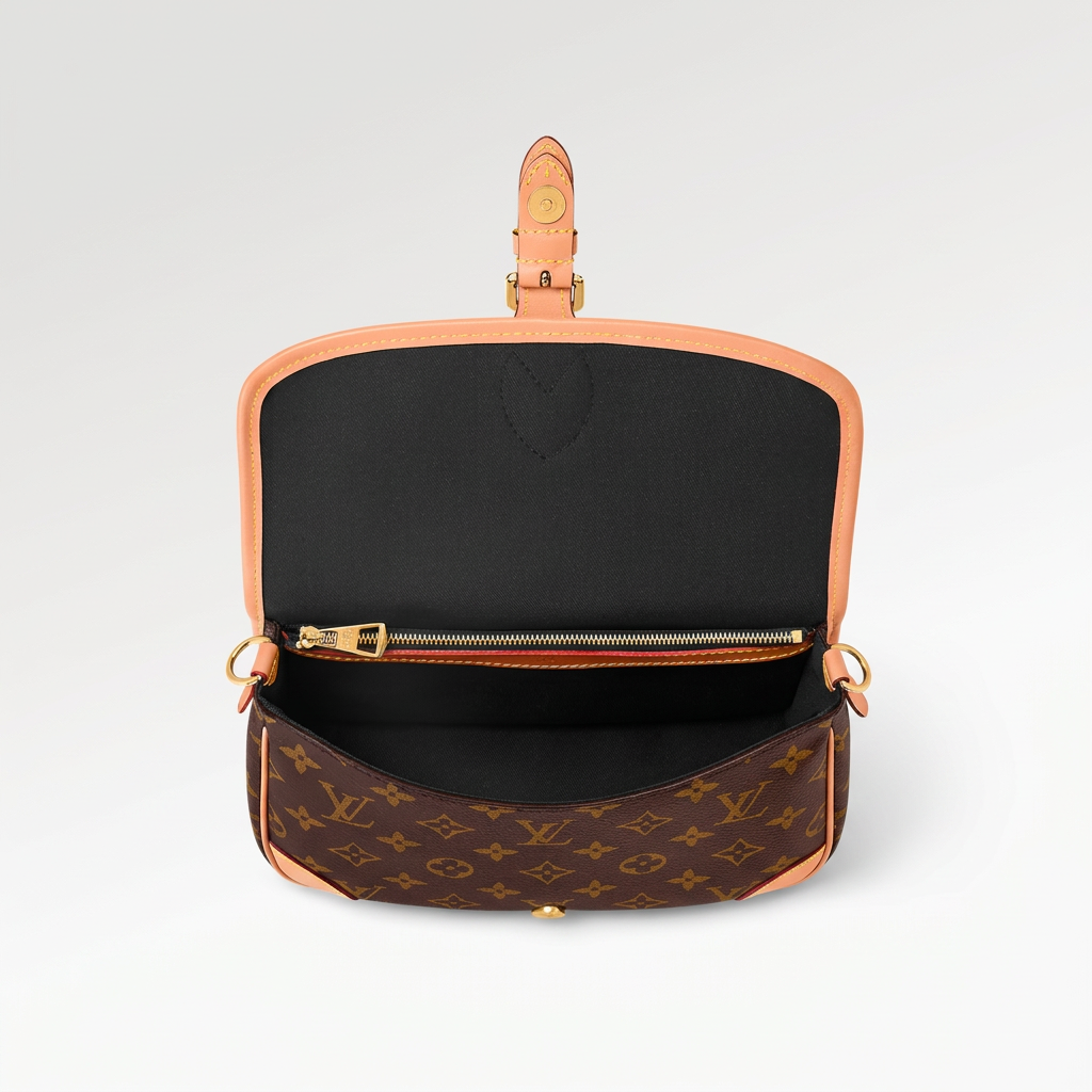 Louis Vuitton Diane monogram bag, open showing black lined interior and zip pocket